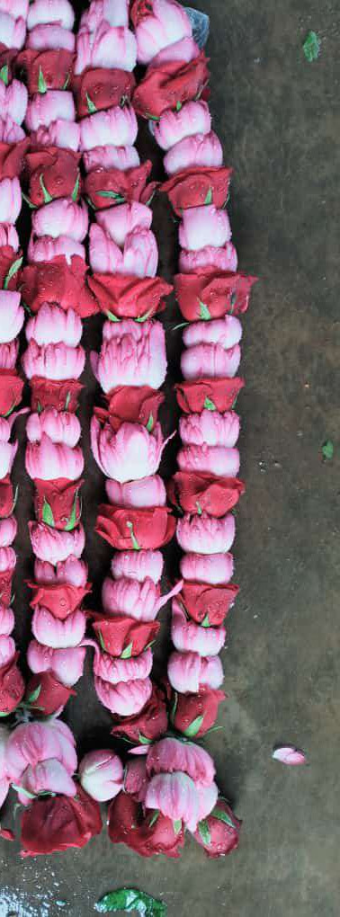 Pair of garlands of pink lotus buds with red rose accents, laid flat.