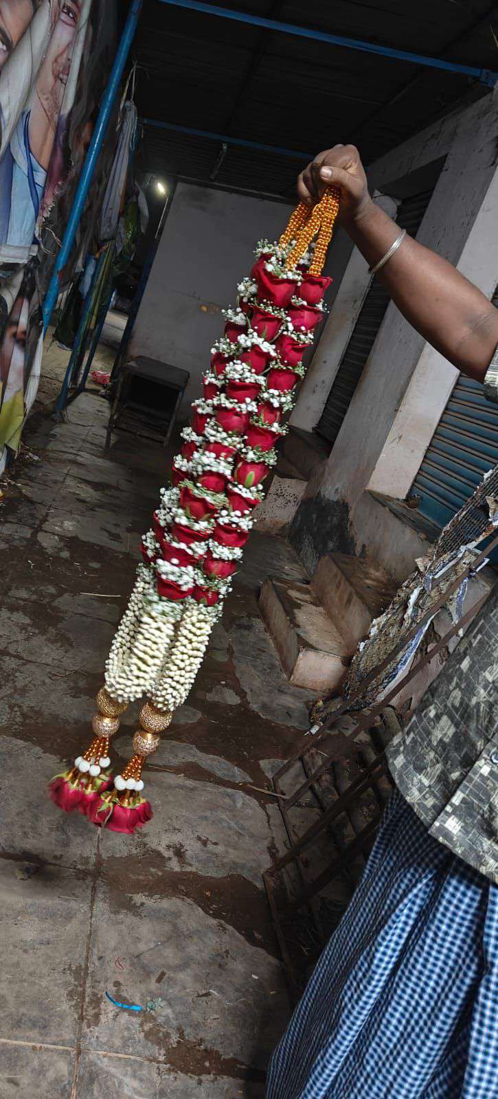 Garland with red roses and baby's breath above a jasmine section, held in a shop doorway.