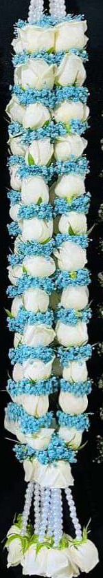 Garland of white roses ringed with blue baby's breath, with pearl hangers and white rose tassels.