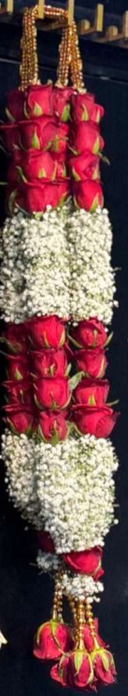 Red rose garland with solid baby's breath blocks, gold bead hangers and red rose tassels.